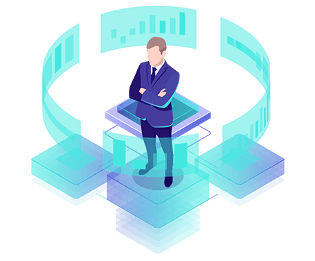 A businessperson surrounded by data, representing EgForIT Software's digital solutions