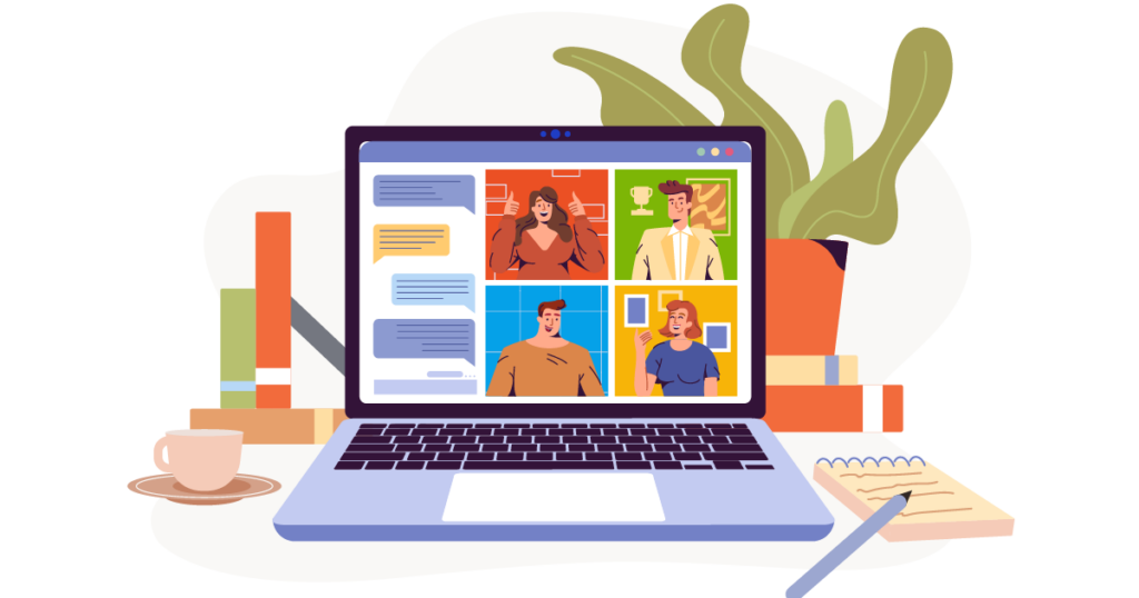 why-use-microsoft-365-for-business Graphic showing people in a teams call, representing Microsoft 365 for business solutions.