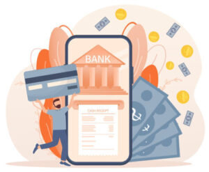 Line banking people for account page design. Isometric vector illustration. Bank online. Vector illustration. Illustration of a man holding a large credit card above his head and a large smartphone with a Bank app showing a cash receipt.