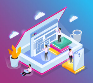 Isometric Cloud Library Background Illustration of small people working in a large book working on website.