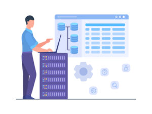 Man engineer stand work on laptop maintenance database server service storage internet tec. Illustration of man standing with laptop on server and a database graphic next to him.